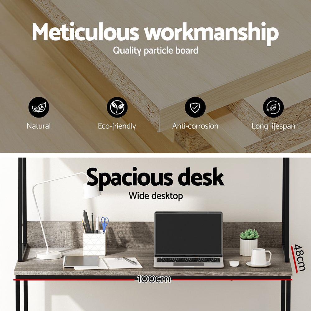Computer Desk Office Study Workstation with Bookshelf Storage - Grey - Homecoze