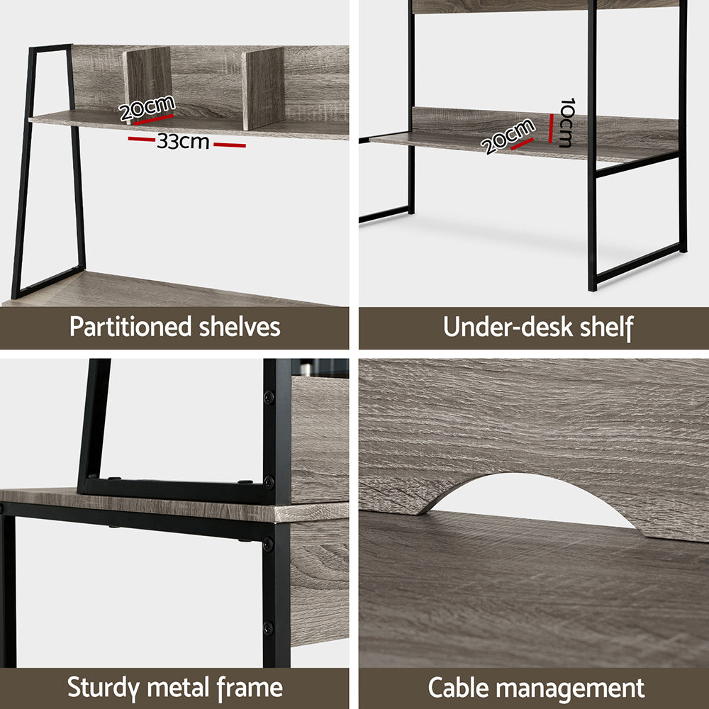 Computer Desk Office Study Workstation with Bookshelf Storage - Grey - Homecoze