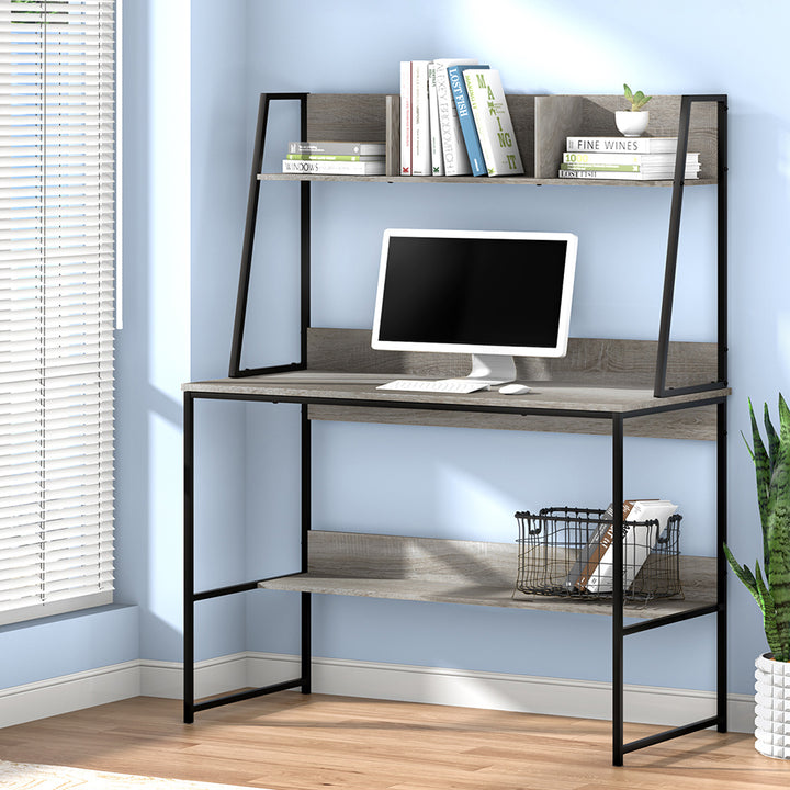 Computer Desk Office Study Workstation with Bookshelf Storage - Grey - Homecoze