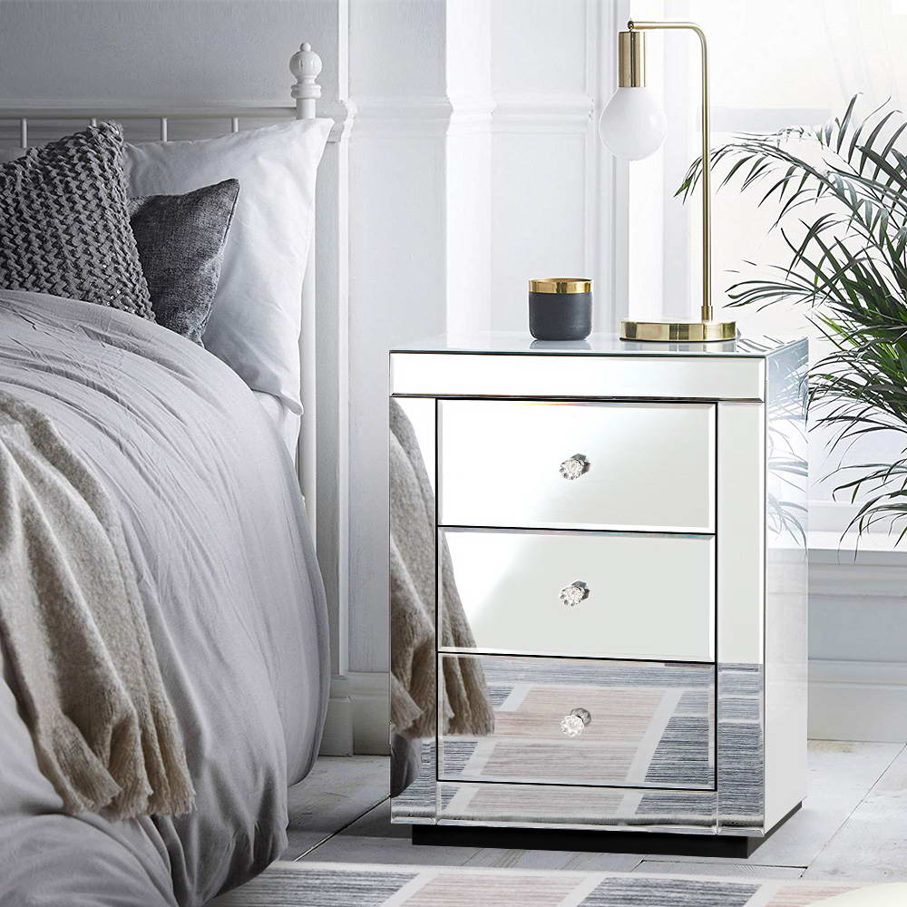 Large Luxury Silver Glass Mirrored Bedside Table - Homecoze