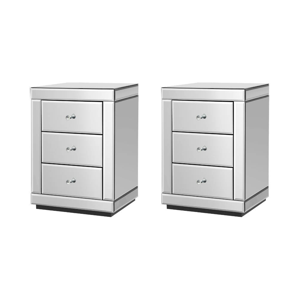 Set of 2 Large Luxury Silver Glass Mirrored Bedside Tables - Homecoze