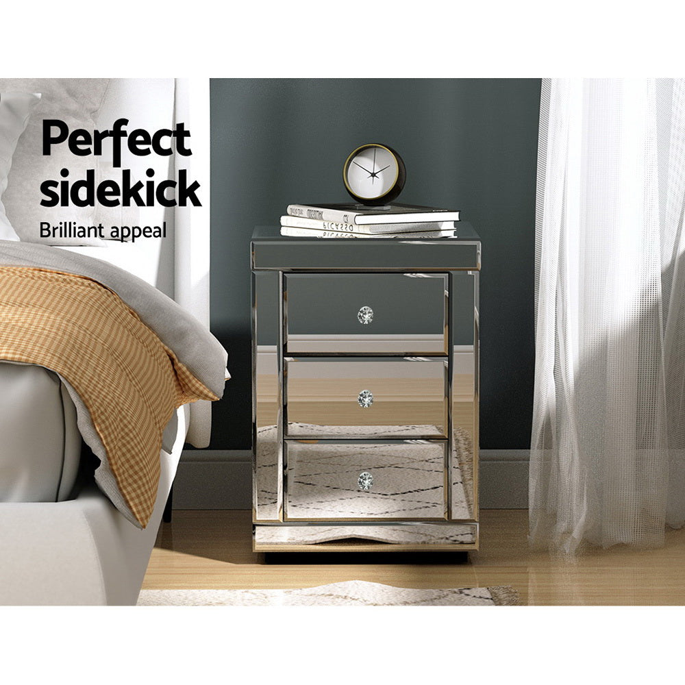 Set of 2 Large Luxury Silver Glass Mirrored Bedside Tables - Homecoze