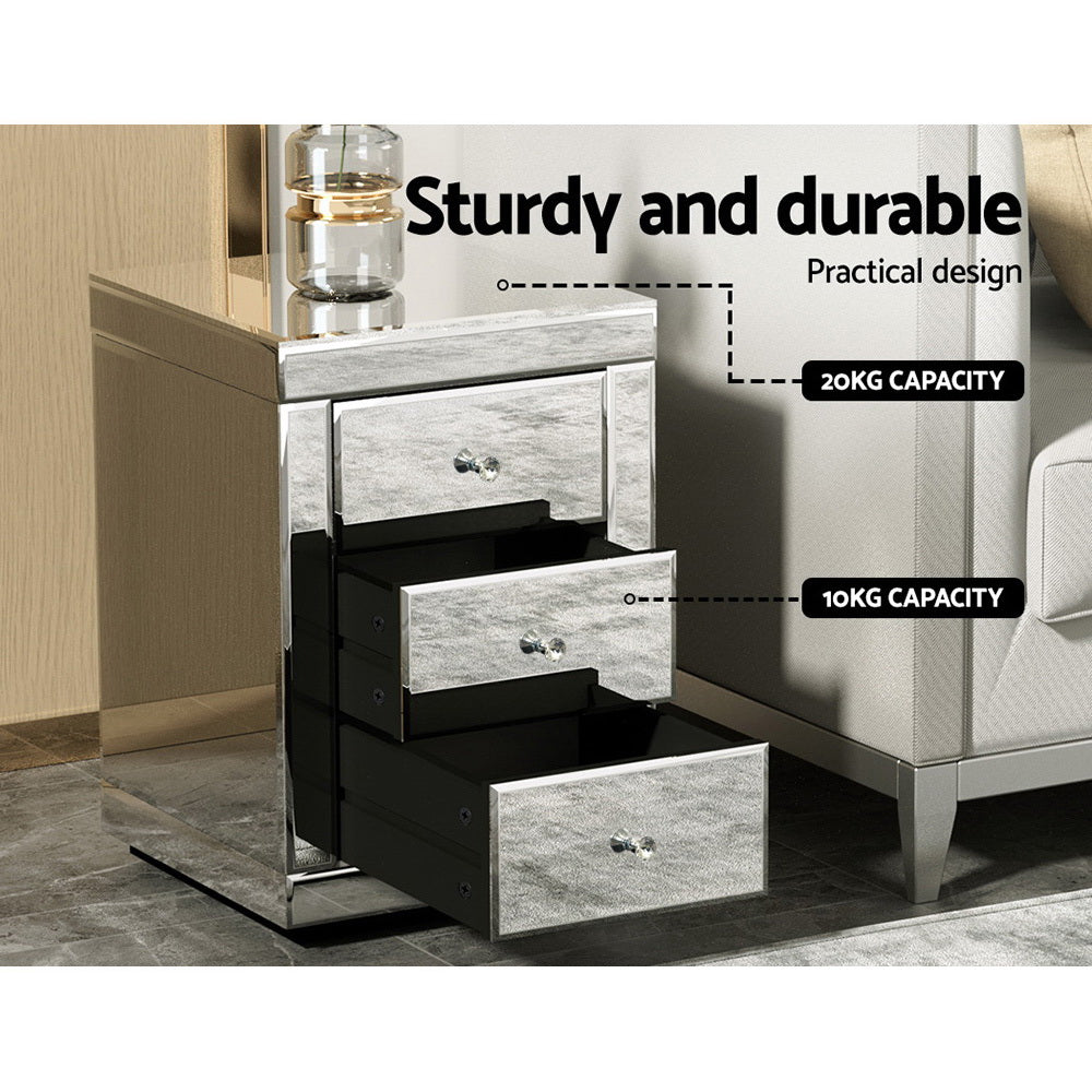 Set of 2 Large Luxury Silver Glass Mirrored Bedside Tables - Homecoze