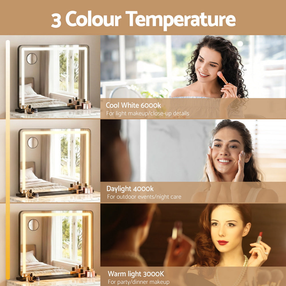 Hollywood Style Makeup Mirror 3-Colour LED Dimmable Vanity 50 x 60cm - Black Frame - Homecoze