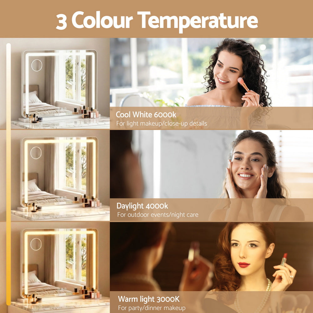 Hollywood Style Makeup Mirror 3-Colour LED Dimmable Vanity 50 x 60cm - White Frame - Homecoze