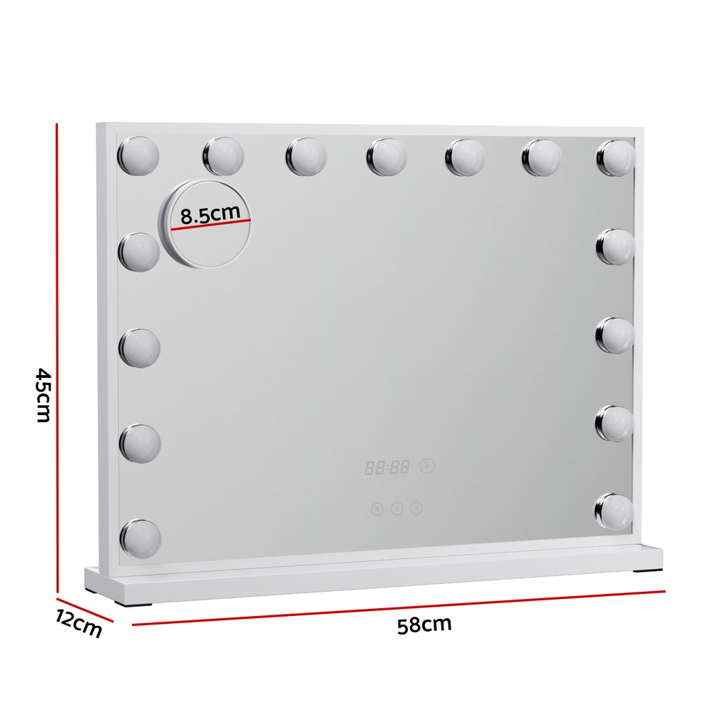 Hollywood Makeup Mirror with Clock 15 Adjustable LED Lights 58x45cm - Homecoze