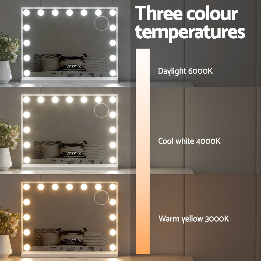 Hollywood Makeup Mirror with Clock 15 Adjustable LED Lights 58x45cm - Homecoze