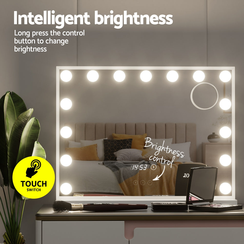 Hollywood Makeup Mirror with Clock 15 Adjustable LED Lights 58x45cm - Homecoze