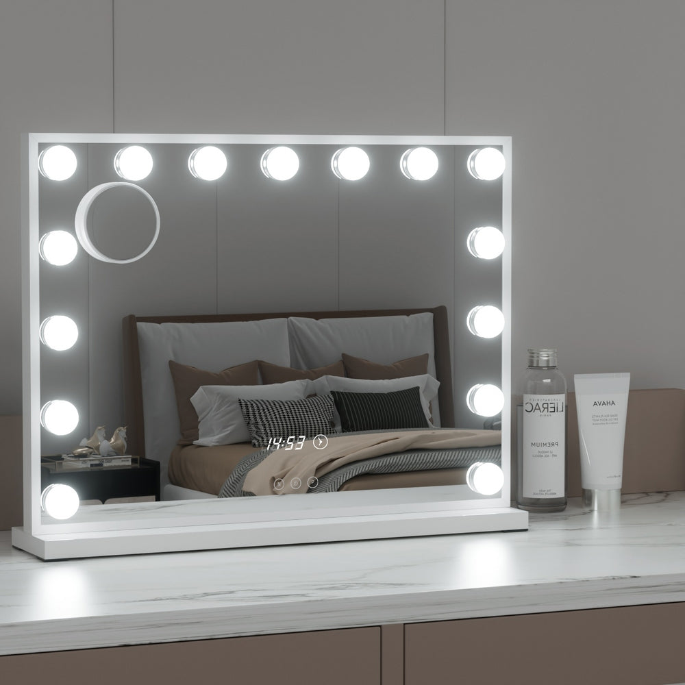 Hollywood Makeup Mirror with Clock 15 Adjustable LED Lights 58x45cm - Homecoze