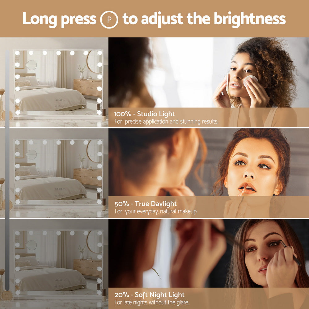 Hollywood Makeup Mirror with Clock 17 Adjustable LED Lights 80x60cm - Homecoze