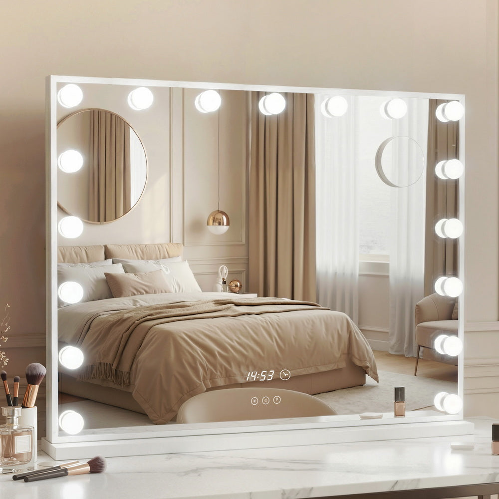 Hollywood Makeup Mirror with Clock 17 Adjustable LED Lights 80x60cm - Homecoze