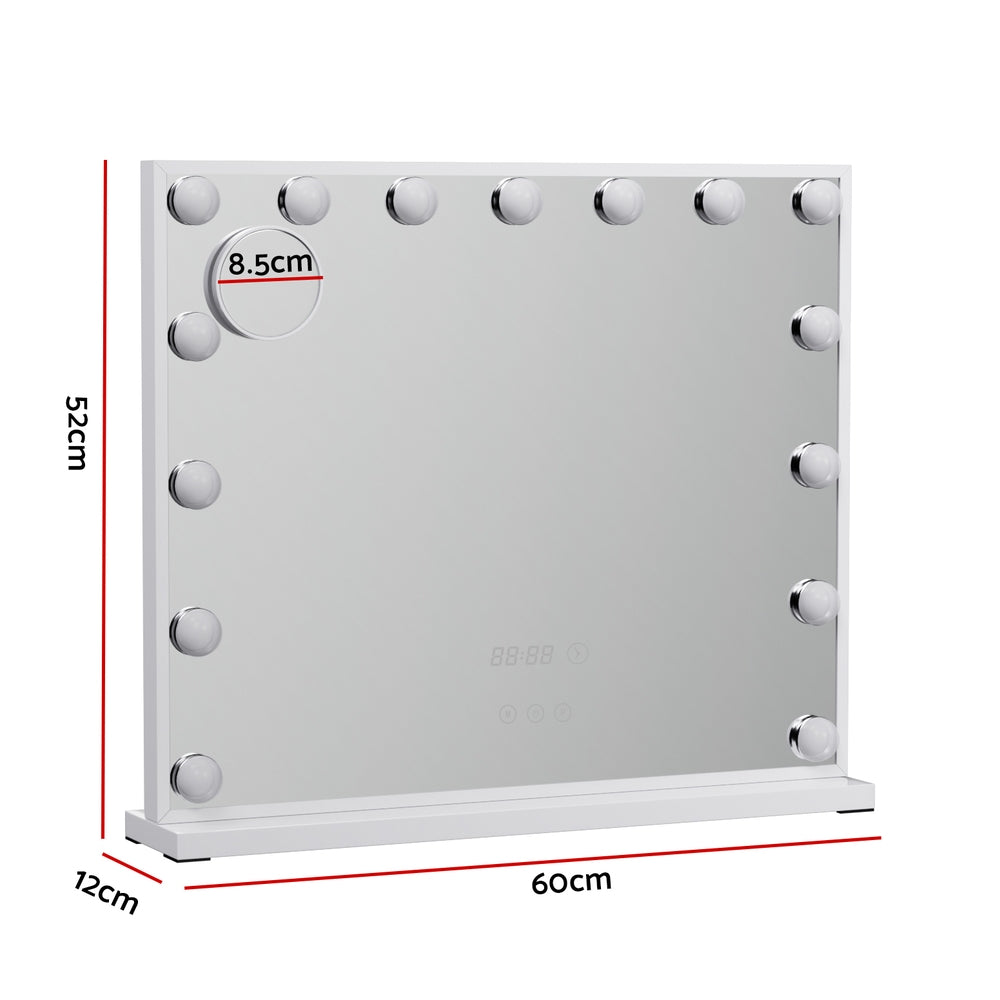 Hollywood Makeup Mirror with Clock 15 Adjustable LED Lights 60x52cm - Homecoze