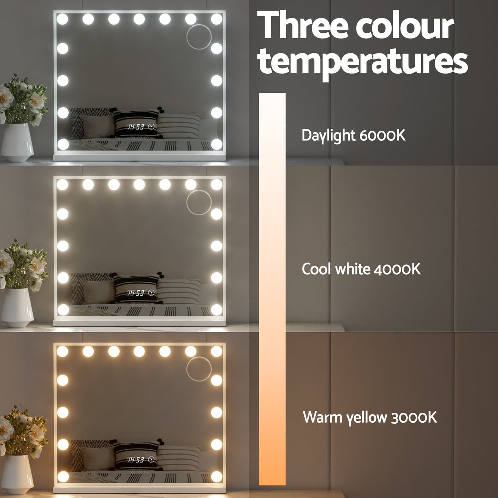 Hollywood Makeup Mirror with Clock 15 Adjustable LED Lights 60x52cm - Homecoze