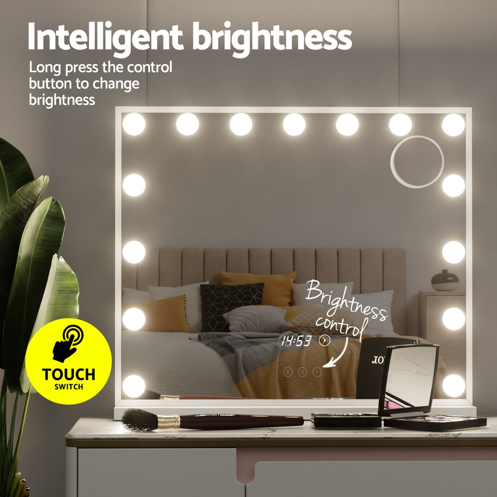 Hollywood Makeup Mirror with Clock 15 Adjustable LED Lights 60x52cm - Homecoze