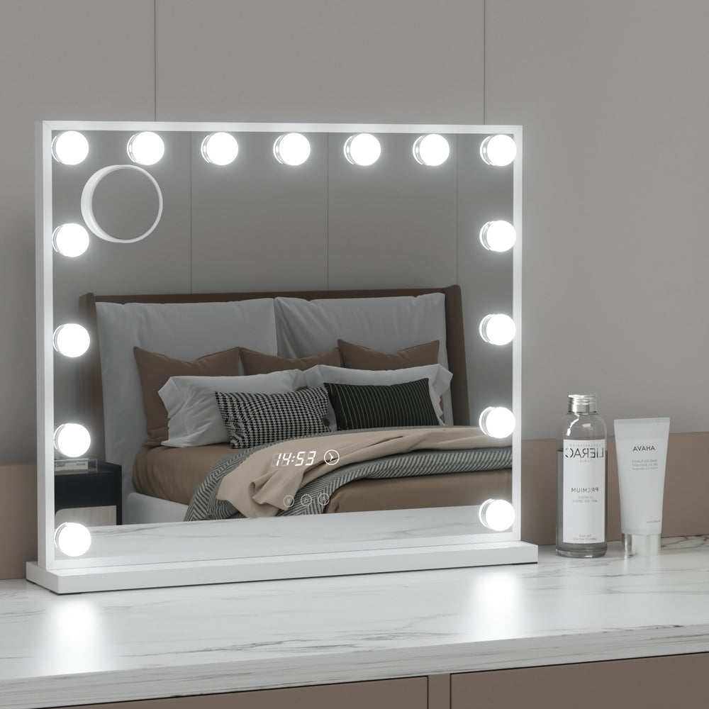 Hollywood Makeup Mirror with Clock 15 Adjustable LED Lights 60x52cm - Homecoze