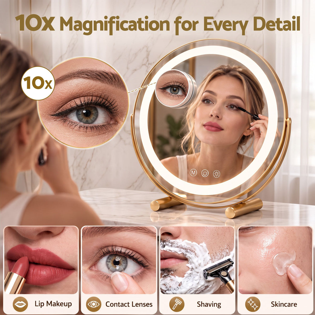 Embellir 50cm Hollywood Makeup Mirror with Lights and 10X Magnifier Round Gold - Homecoze