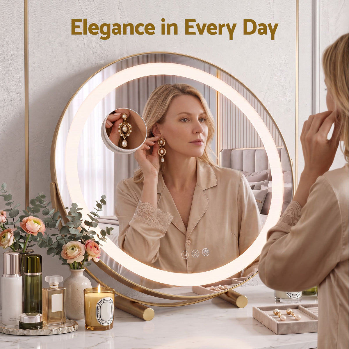 Embellir 50cm Hollywood Makeup Mirror with Lights and 10X Magnifier Round Gold - Homecoze
