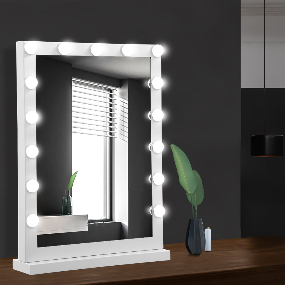White Hollywood Make Up Mirror with 15 LED Light Bulbs - 43 x 61cm - Homecoze
