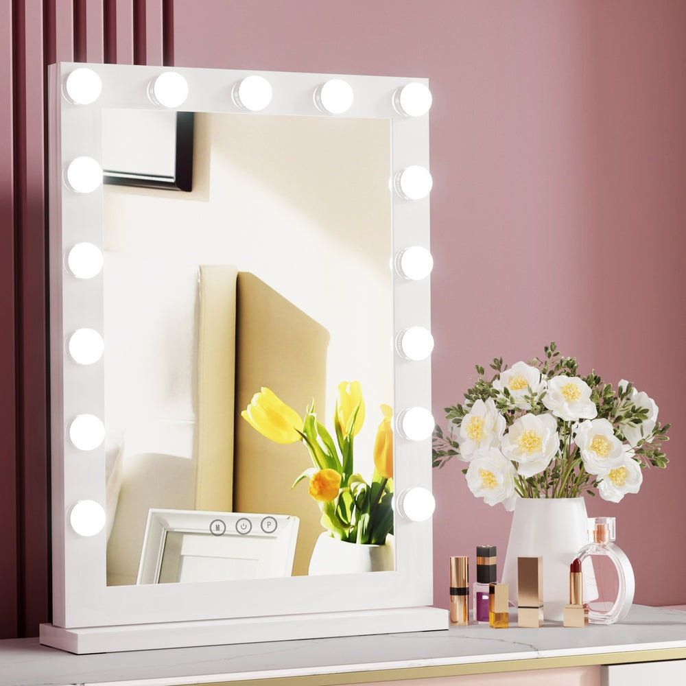 White Hollywood Make Up Mirror with 15 LED Light Bulbs - 43 x 61cm - Homecoze