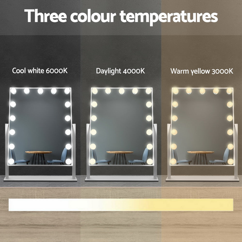 Hollywood Rotatable Free Standing Makeup Mirror with 15 Dimmable Bulbs White 40 x 50cm - Homecoze