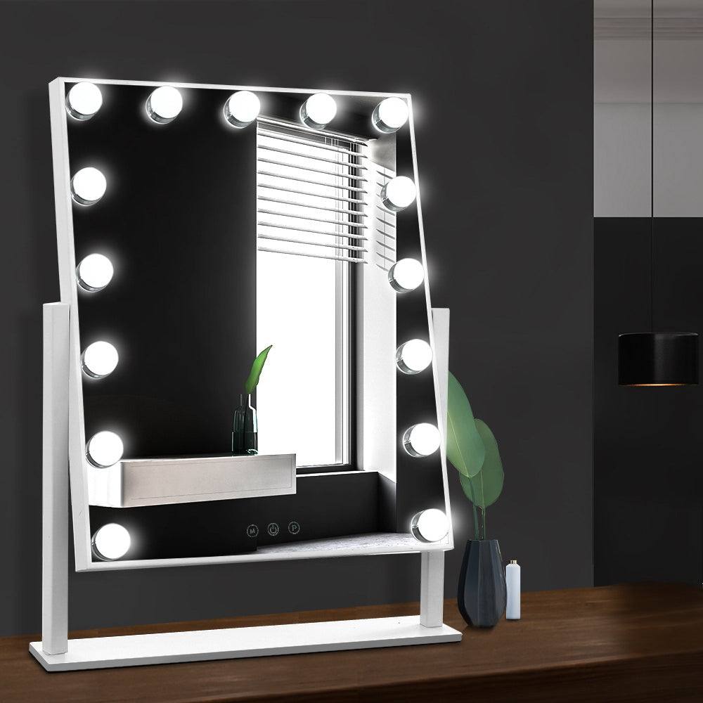 Hollywood Rotatable Free Standing Makeup Mirror with 15 Dimmable Bulbs White 40 x 50cm - Homecoze