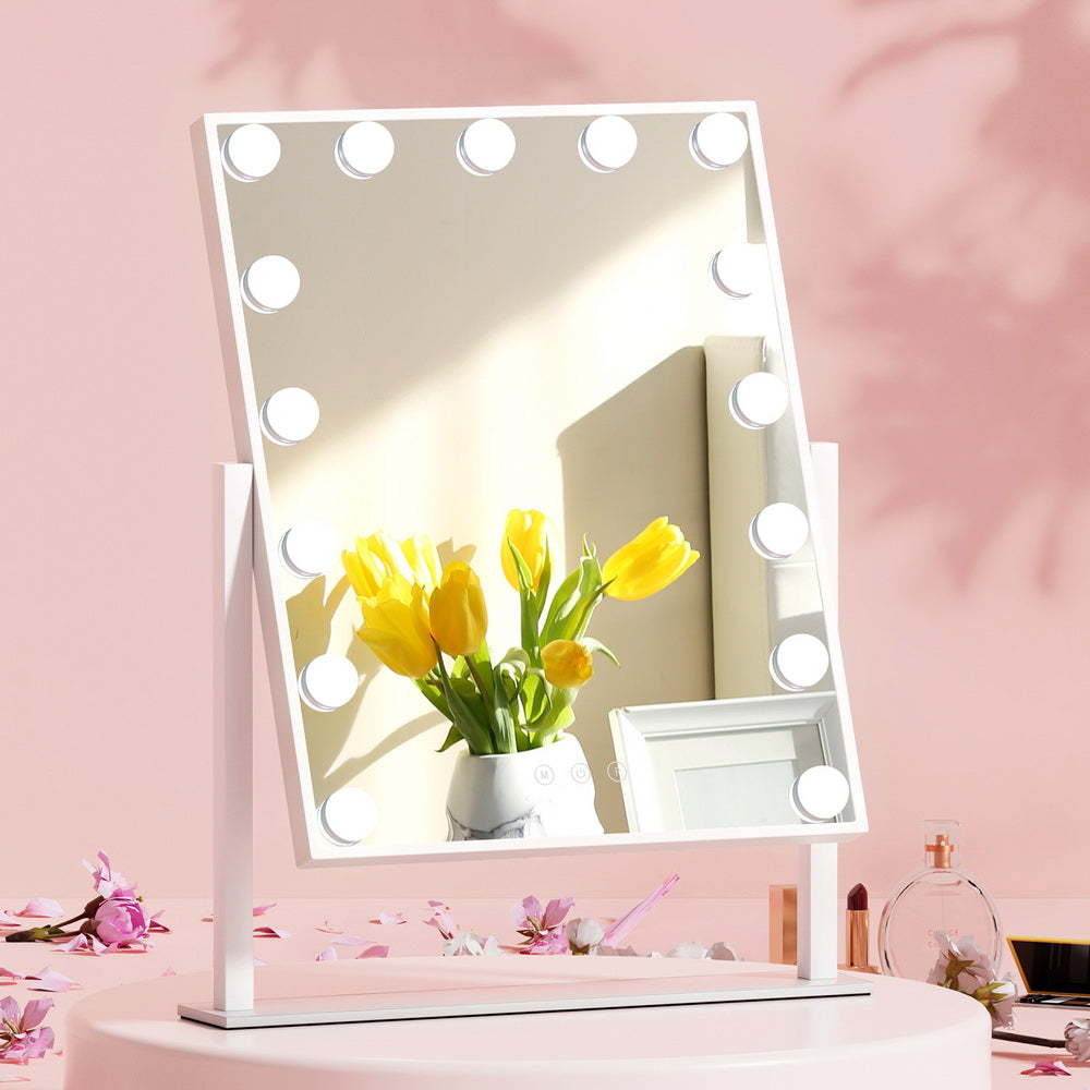 Hollywood Rotatable Free Standing Makeup Mirror with 15 Dimmable Bulbs White 40 x 50cm - Homecoze