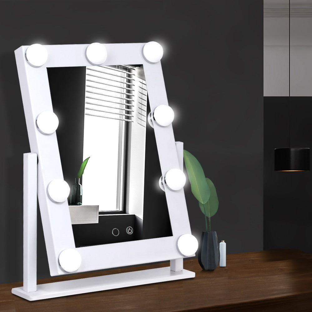 White Standing Make Up Mirror with 9 LED Light Bulbs - 18 x 28cm - Homecoze