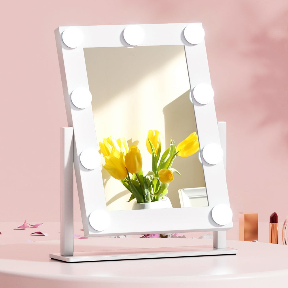 White Standing Make Up Mirror with 9 LED Light Bulbs - 18 x 28cm - Homecoze