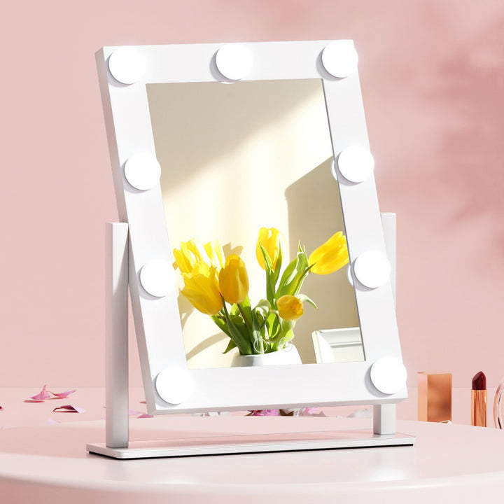 White Standing Make Up Mirror with 9 LED Light Bulbs - 18 x 28cm