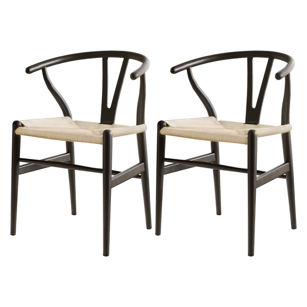 Set of 2 Wishbone Woven Seat Dining Chairs - Black - Homecoze