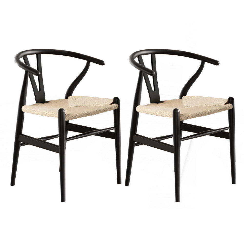 Set of 2 Wishbone Woven Seat Dining Chairs - Black - Homecoze