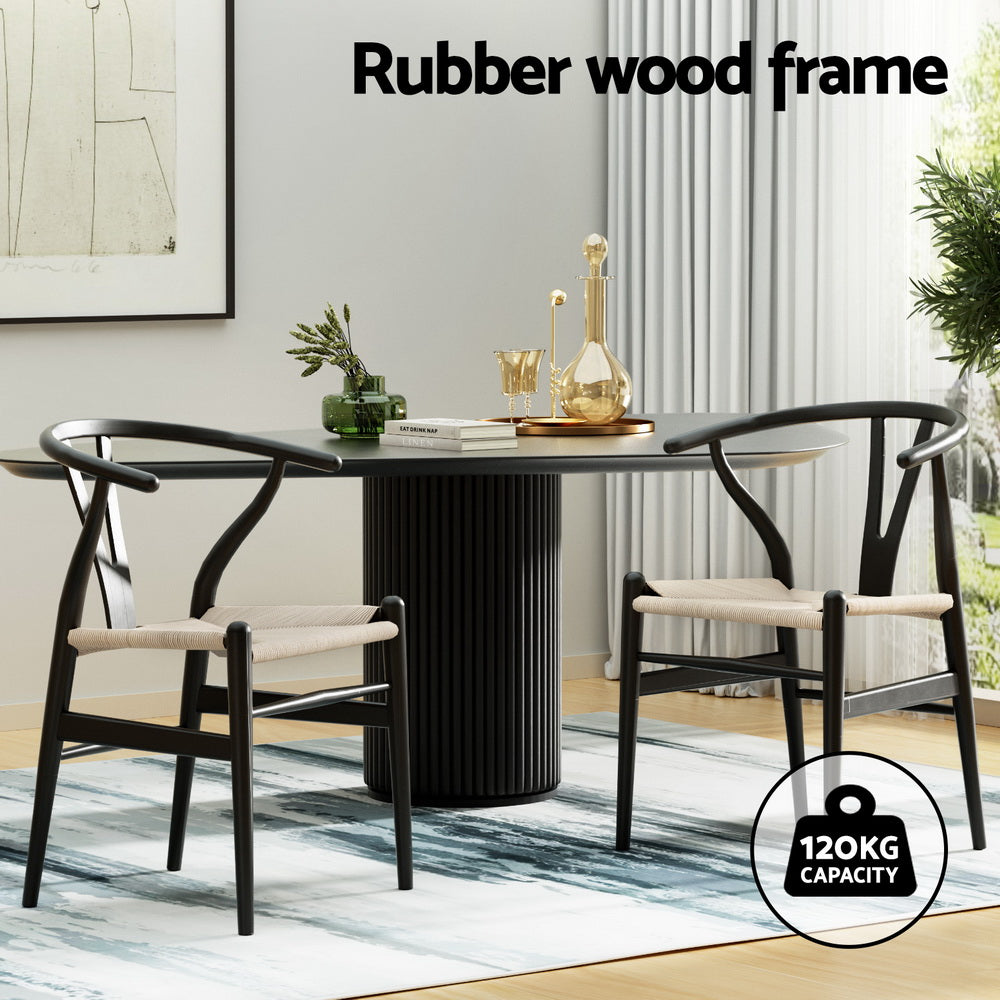 Set of 2 Wishbone Woven Seat Dining Chairs - Black - Homecoze