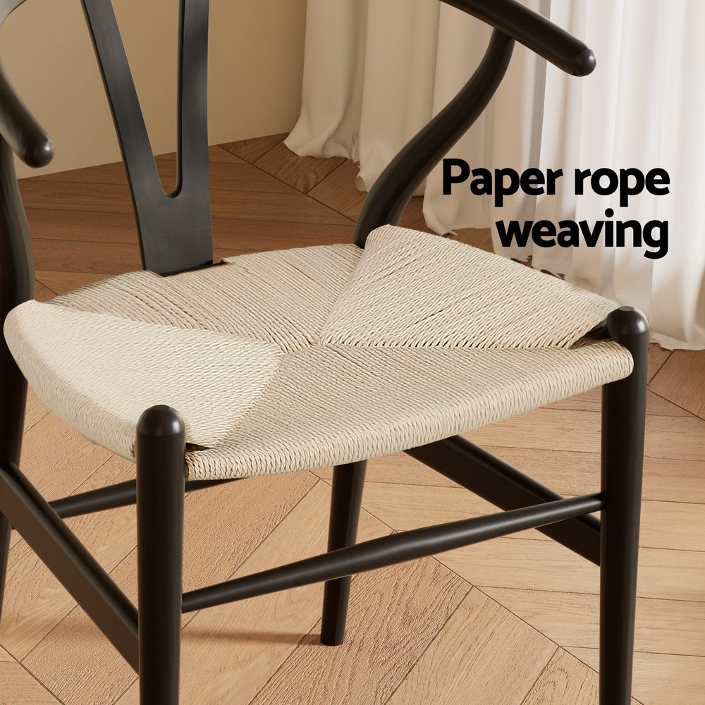 Set of 2 Wishbone Woven Seat Dining Chairs - Black - Homecoze