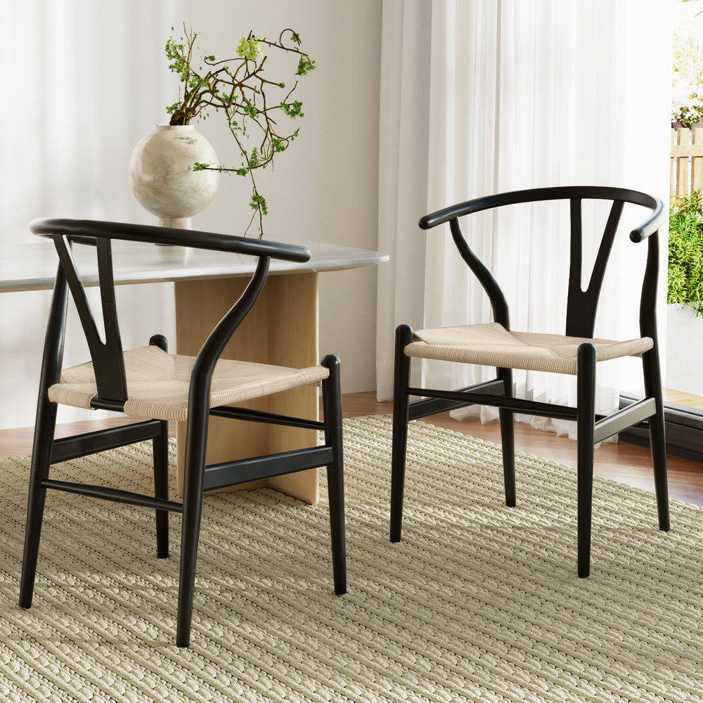 Set of 2 Wishbone Woven Seat Dining Chairs - Black - Homecoze