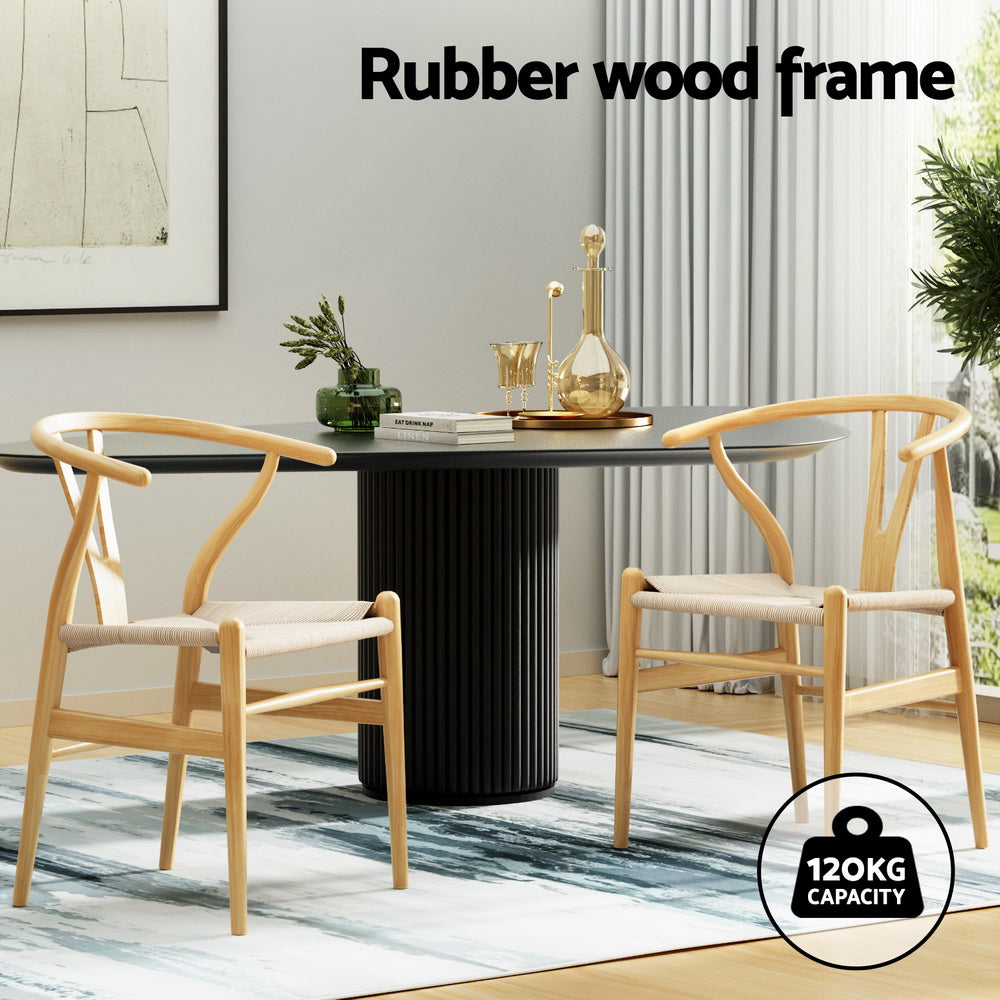 Set of 2 Wishbone Woven Seat Dining Chairs - Oak - Homecoze