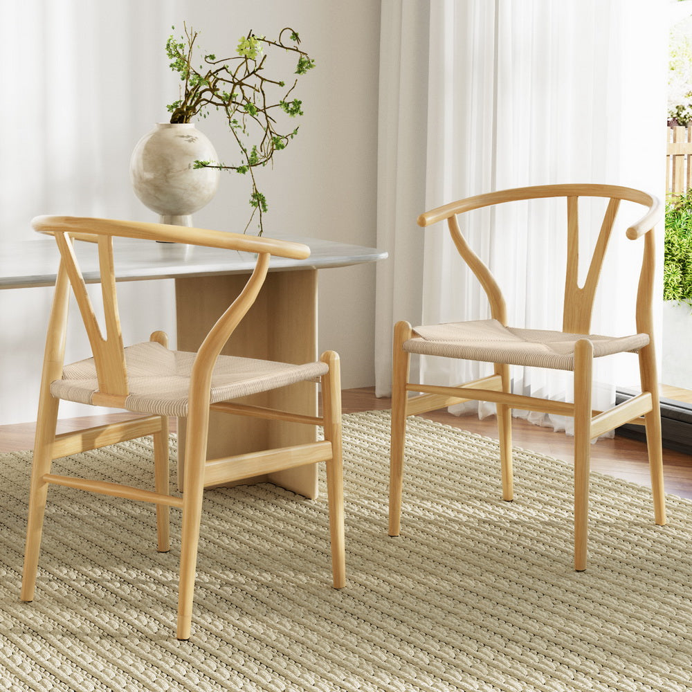 Set of 2 Wishbone Woven Seat Dining Chairs - Oak - Homecoze