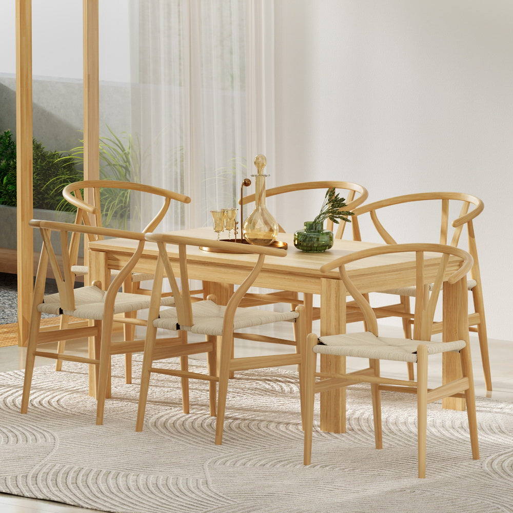 Set of 6 Wishbone Woven Seat Dining Chairs - Oak - Homecoze