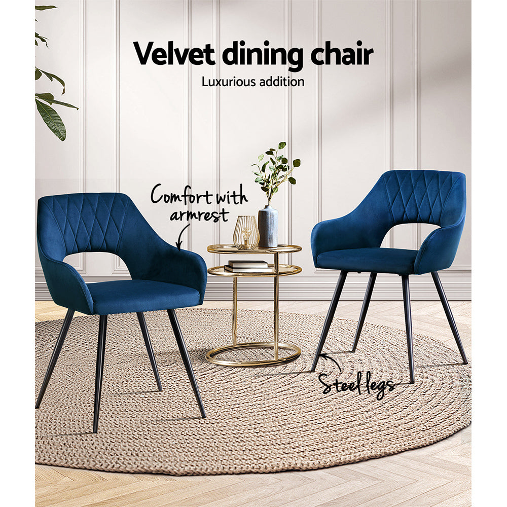 Set of 2 Velvet Hollow Dining Chairs - Blue - Homecoze