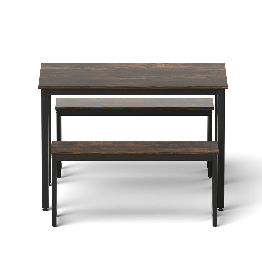 Artiss Dining Table and Chairs Set 3PCS Kitchen Metal Desk Bench Dark Walnut - Homecoze