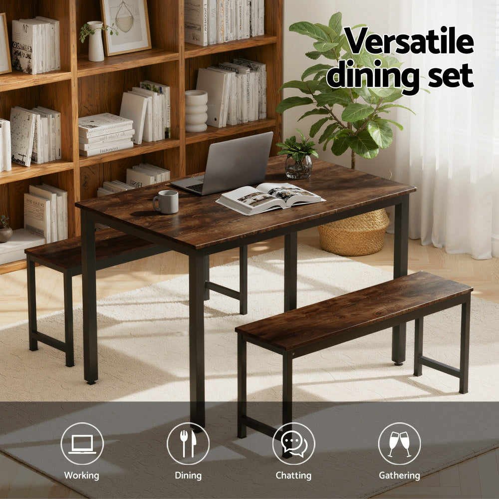 Artiss Dining Table and Chairs Set 3PCS Kitchen Metal Desk Bench Dark Walnut - Homecoze