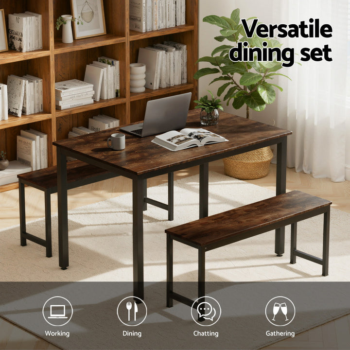 Artiss Dining Table and Chairs Set 3PCS Kitchen Metal Desk Bench Dark Walnut - Homecoze