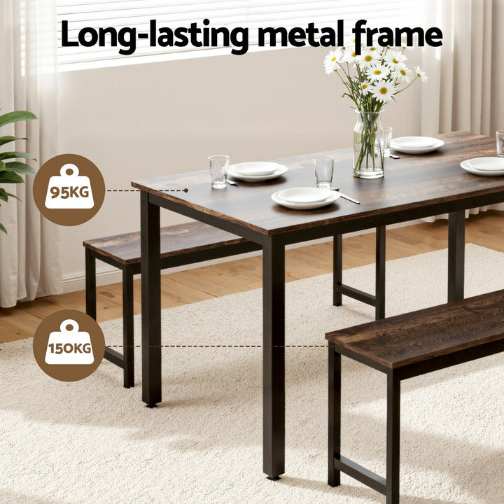 Artiss Dining Table and Chairs Set 3PCS Kitchen Metal Desk Bench Dark Walnut - Homecoze