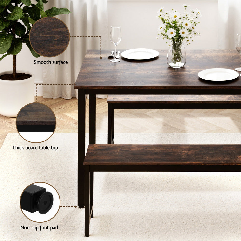 Artiss Dining Table and Chairs Set 3PCS Kitchen Metal Desk Bench Dark Walnut - Homecoze