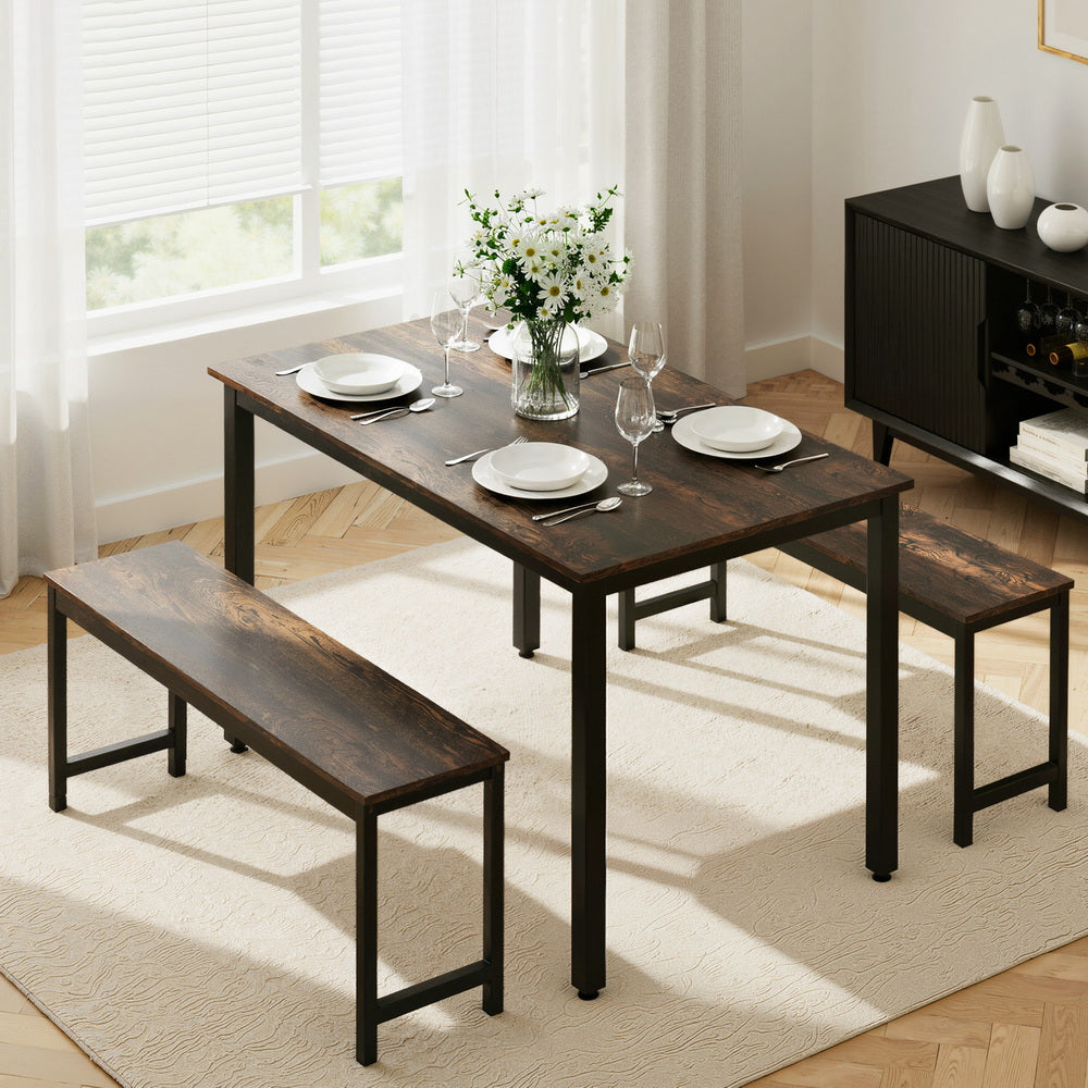 Artiss Dining Table and Chairs Set 3PCS Kitchen Metal Desk Bench Dark Walnut - Homecoze