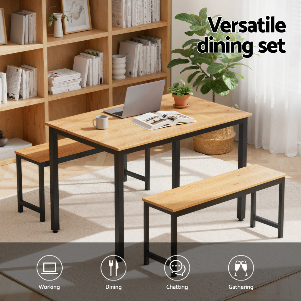 Artiss Dining Table and Chairs Set 3PCS Kitchen Metal Desk Bench Natural Oak - Homecoze