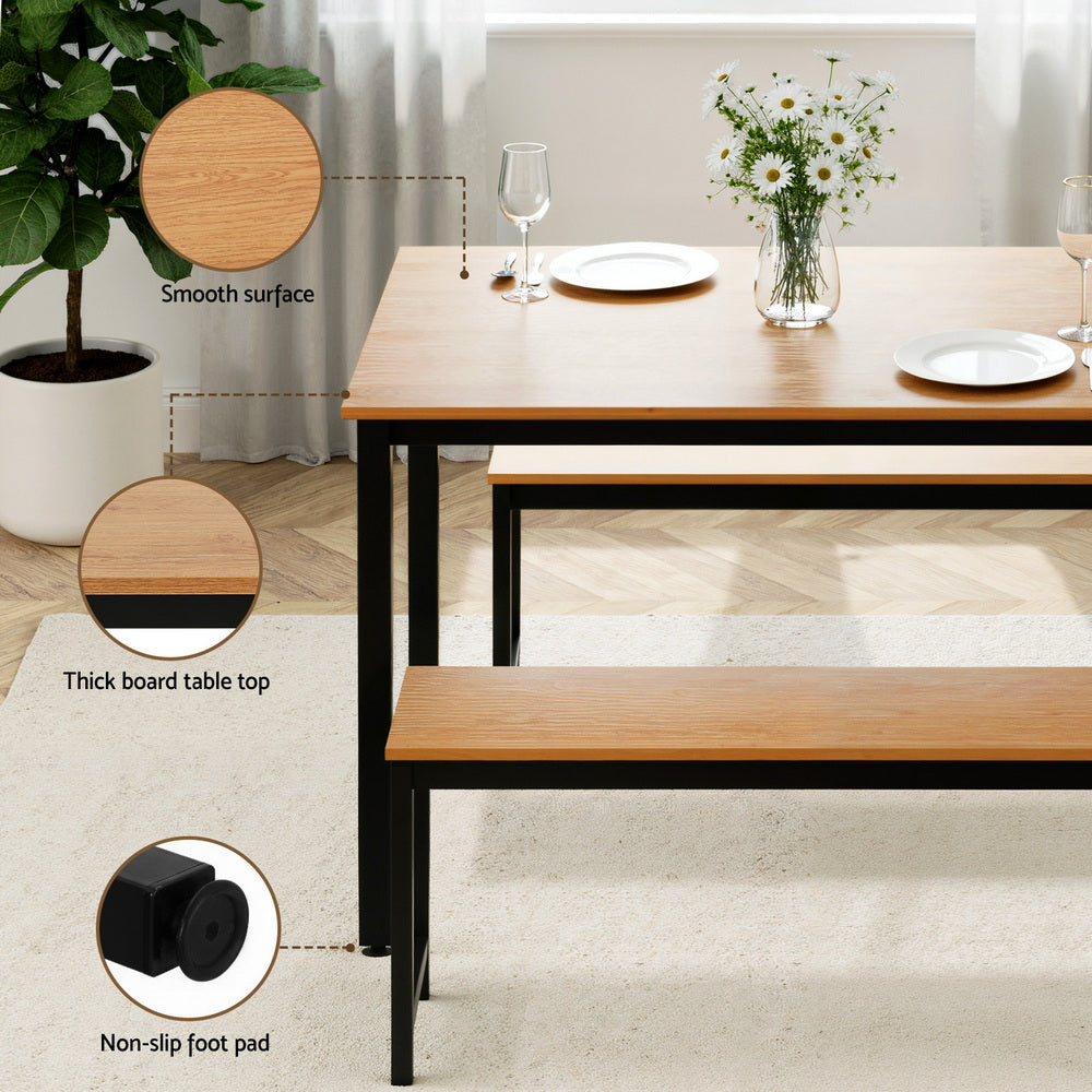 Artiss Dining Table and Chairs Set 3PCS Kitchen Metal Desk Bench Natural Oak - Homecoze