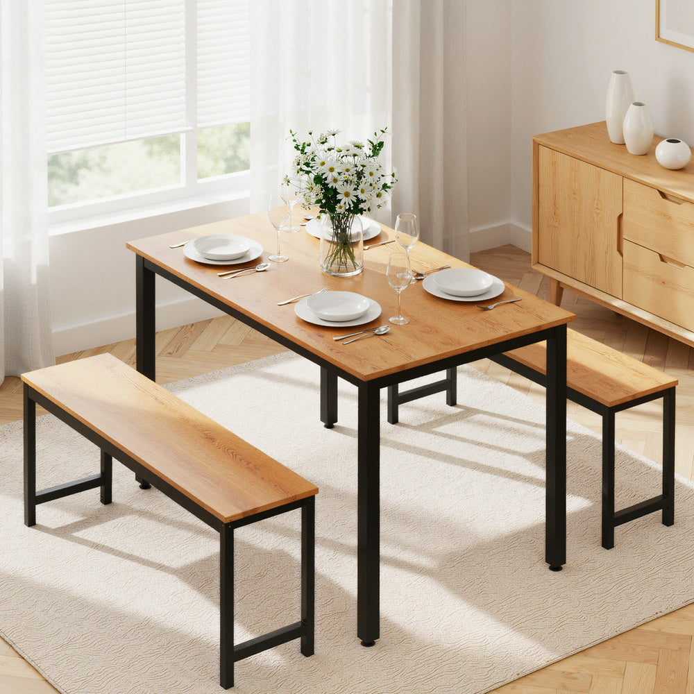 Artiss Dining Table and Chairs Set 3PCS Kitchen Metal Desk Bench Natural Oak - Homecoze