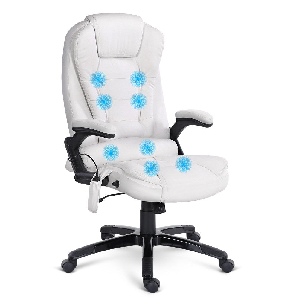 8-Point Massage Office Chair PU Leather - White - Homecoze