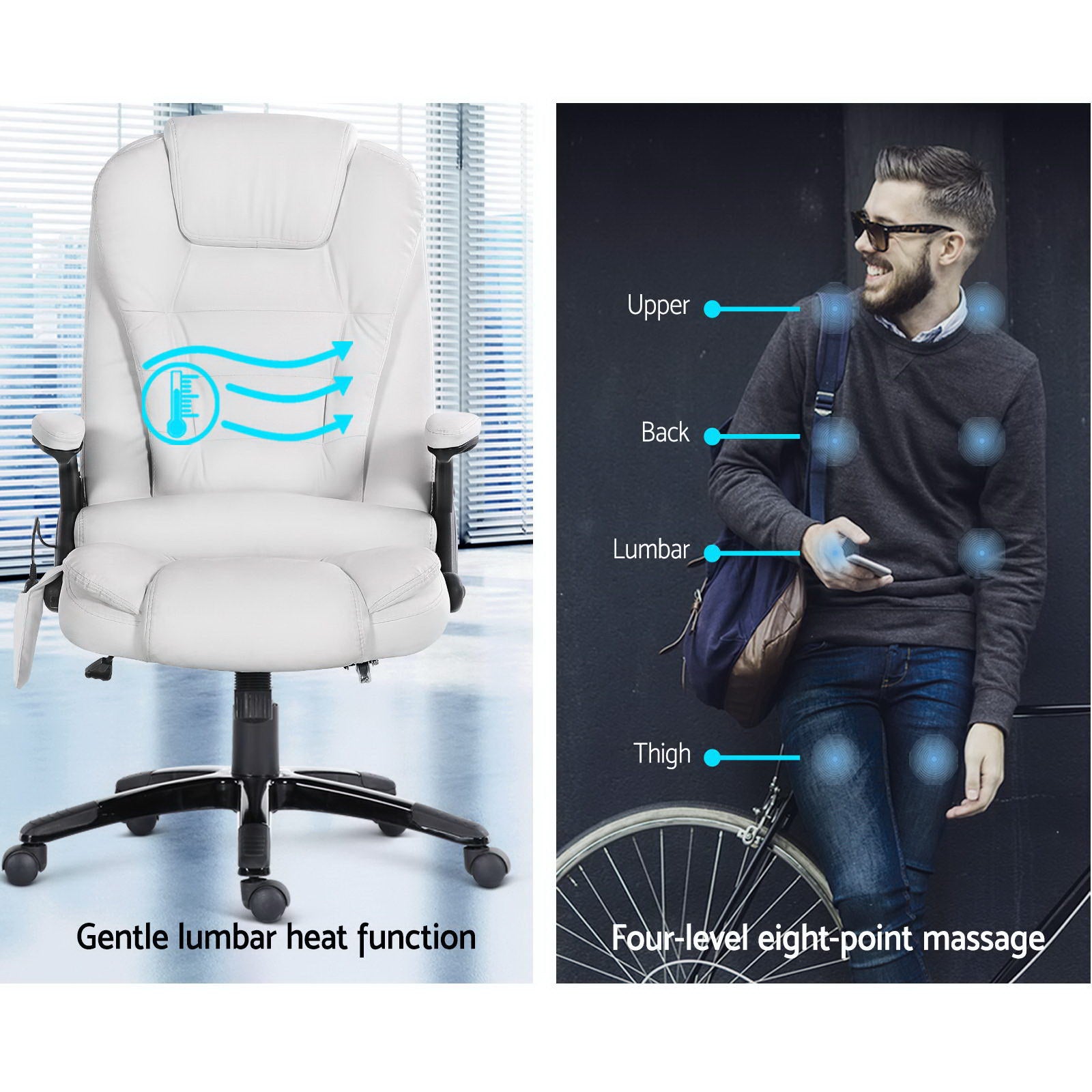 8-Point Massage Office Chair PU Leather - White - Homecoze
