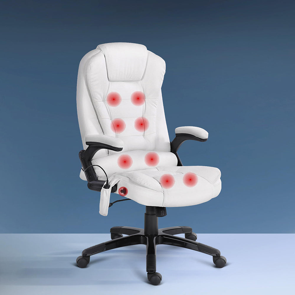 8-Point Massage Office Chair PU Leather - White - Homecoze